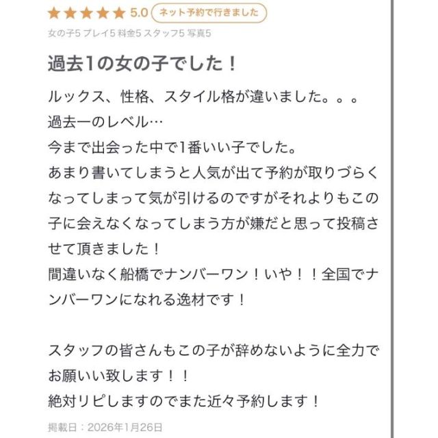 船橋デリヘル風俗｜船橋 西船橋 デリバリーヘルス【キャンパスサミット船橋店】【べた褒めありがとう【お礼写メ日記】】